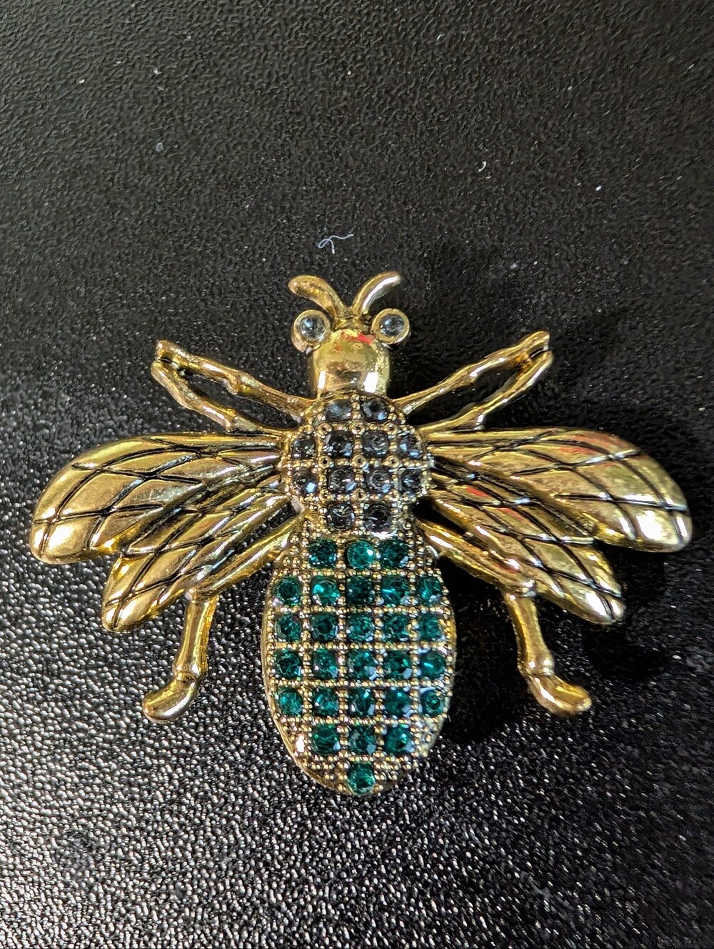 Gold Bee Brooch with Green and Black Rhinestones
